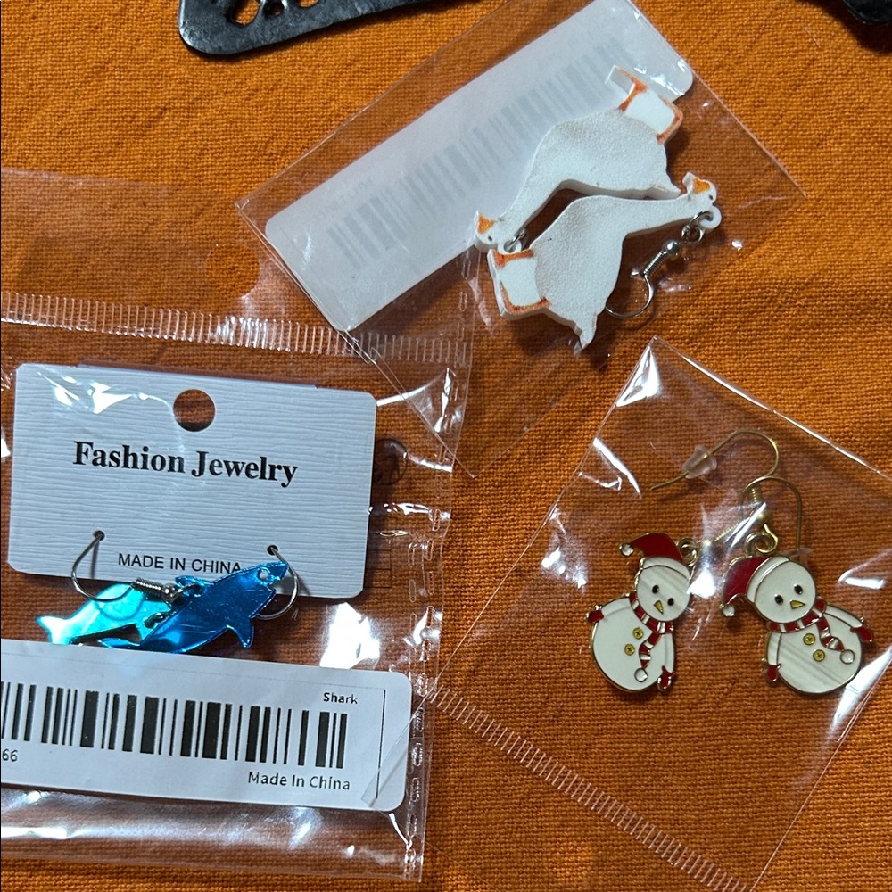3 pairs new earrings sharks geese and snowmen